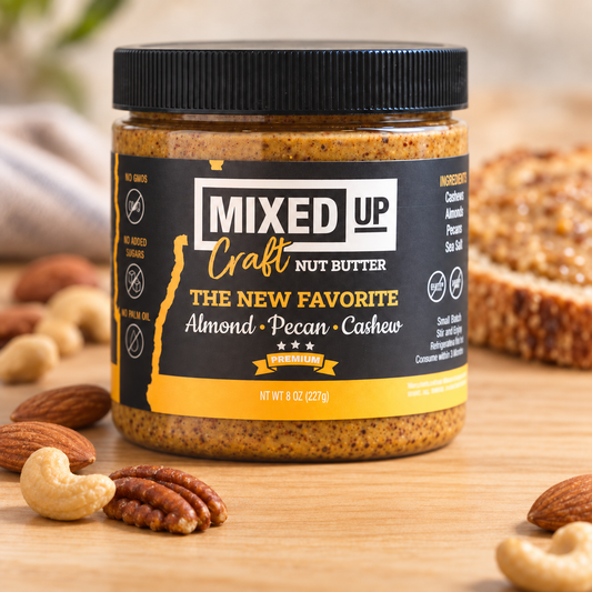 The New Favorite almond, pecan and cashew nut butter 8 oz jar with almonds, cashews and pecans