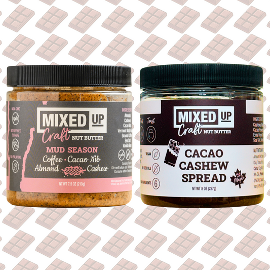 Two jars of nut butter. The left jar is labeled 'MUD SEASON NUT BUTTER - Coffee.