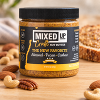 The New Favorite almond, pecan and cashew nut butter 8 oz jar with almonds, cashews and pecans
